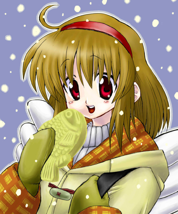 whoosaku, tsukimiya ayu, kanon, bad id, bad pixiv id, backpack, bag, brown hair, food, hairband, mittens, randoseru, red eyes, short hair, snow, solo, taiyaki, wagashi, wings