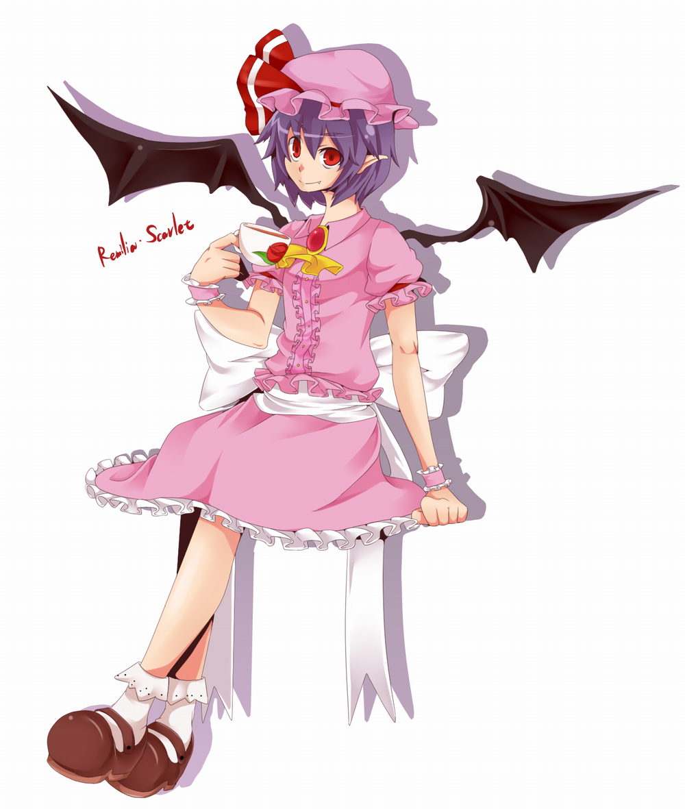 katakura nayuuki, remilia scarlet, touhou, bad id, bad pixiv id, 1girl, blue hair, cup, fang, female focus, flower, full body, hat, red eyes, ribbon, rose, shoes, sitting, socks, solo, teacup, white background, wings