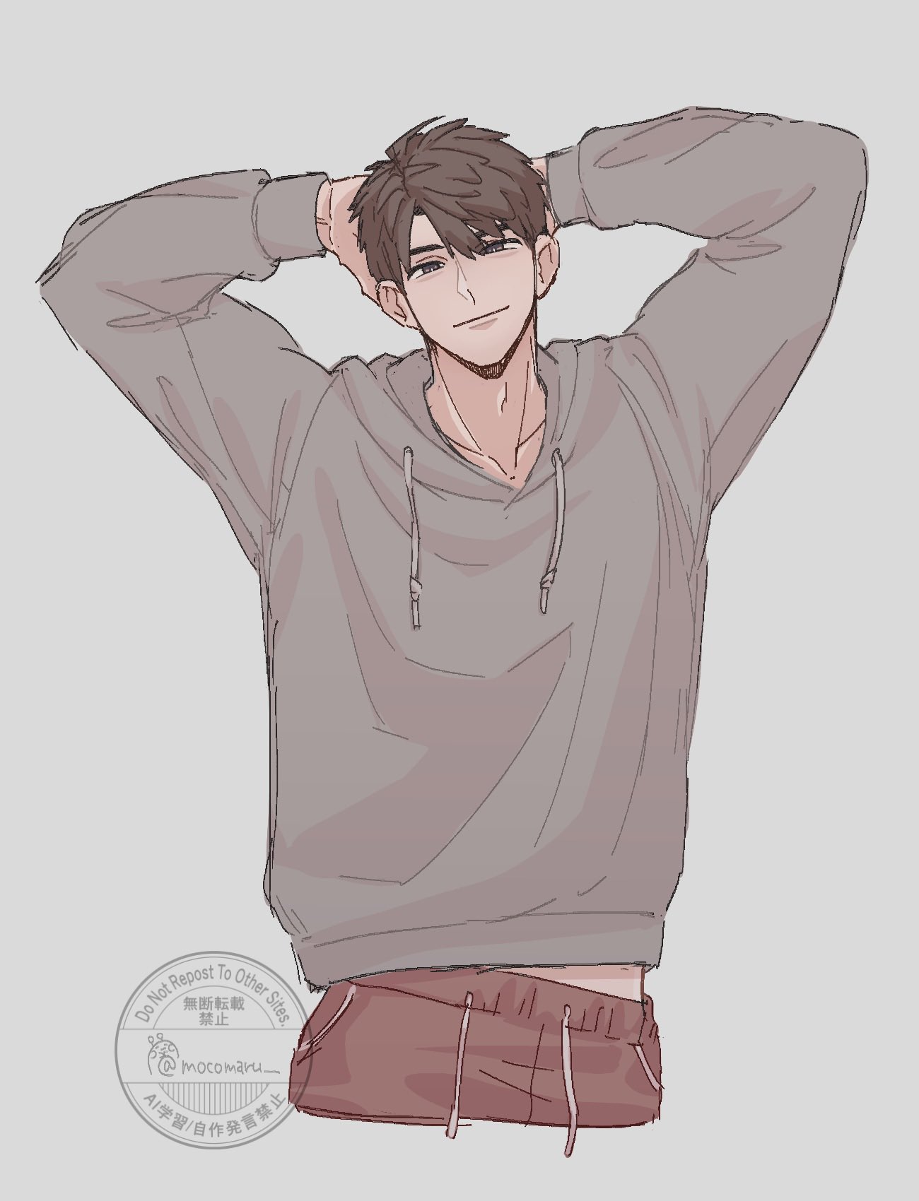 caleb (love and deepspace), love and deepspace, commentary request, highres, 1boy, arms behind head, arms up, bright pupils, brown eyes, brown hair, closed mouth, drawstring, grey background, grey hoodie, hood, hoodie, long sleeves, looking at viewer, male focus, moko (mocomaru), short hair, simple background, smile, solo, watermark, white pupils