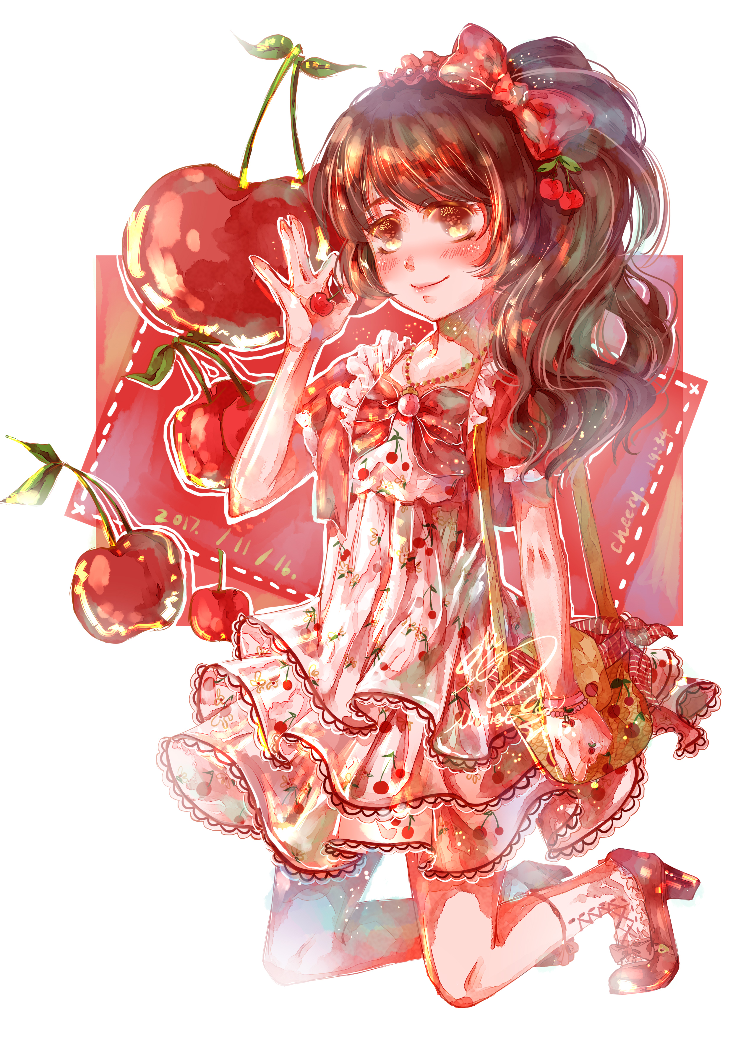 muriel miaoke, miracle nikki, nikki (series), absurdres, chinese commentary, commentary request, highres, 1girl, ankle socks, bag, bead necklace, beads, bow, bowtie, bracelet, brown eyes, brown hair, cherry, cherry hair ornament, cherry print, cherry youth (miracle nikki), closed mouth, cross-laced clothes, cross-laced legwear, dated, dot nose, dotted line, dress, eyelashes, food, food-themed clothes, food-themed hair ornament, food print, footwear bow, frilled jacket, frills, fruit, fruit print, full body, hair bow, hair ornament, hair over shoulder, happy, high heels, high side ponytail, holding, holding food, holding fruit, jacket, jewelry, kneeling, knees, lace, lace-trimmed dress, lace trim, light blush, long hair, looking ahead, necklace, open clothes, open jacket, pendant, pleated dress, print dress, puffy short sleeves, puffy sleeves, pumps, red bow, red bowtie, red jacket, red shoes, shoes, short dress, short sleeves, shoulder bag, signature, smile, socks, solo, tareme, waving, wavy hair, white background, white dress, white socks, yellow bag