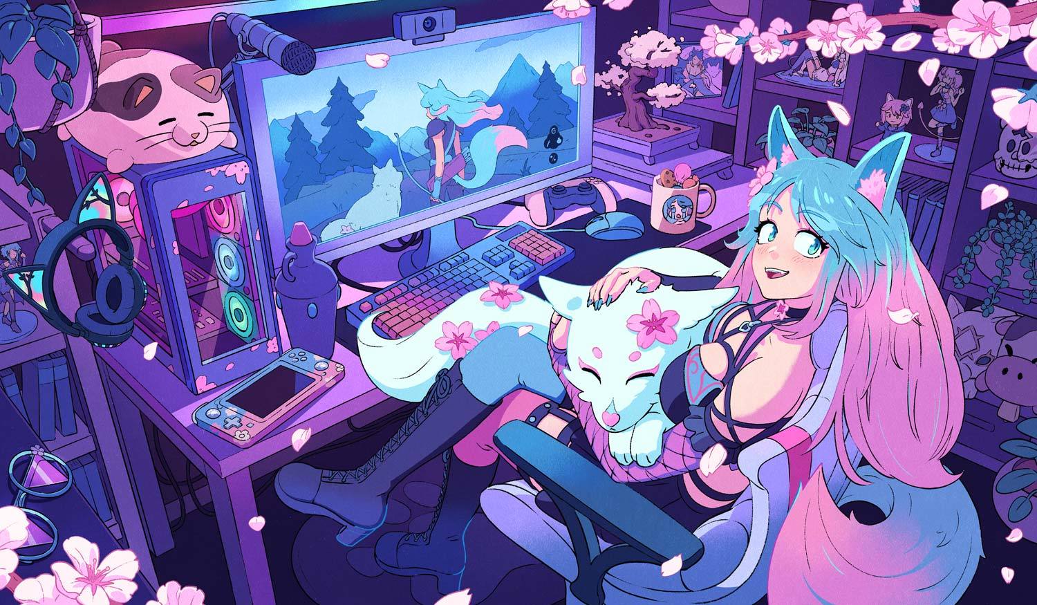 kevin hong, silvervale, silvervale (silver 2.0), vshojo, commentary, commission, english commentary, 1girl, animal, animal ear fluff, animal ears, animal on lap, aqua eyes, aqua hair, aqua nails, bare shoulders, black boots, blush, boots, breasts, chair, cherry blossoms, closed eyes, computer, computer keyboard, computer mouse, controller, cup, elbow gloves, eyelashes, figure, fingerless gloves, fingernails, fishnet gloves, fishnets, flower, game controller, gloves, gradient hair, hair flower, hair ornament, handheld game console, headphones, high heel boots, high heels, indoors, long hair, looking at viewer, microphone, monitor, mug, multicolored hair, nail polish, on chair, on lap, open mouth, pink flower, pink hair, plant, potted plant, round eyewear, shelf, sitting, smile, solo, stuffed toy, tail, teeth, unworn eyewear, unworn headphones, upper teeth only, virtual youtuber, webcam, wolf, wolf ears, wolf girl, wolf tail