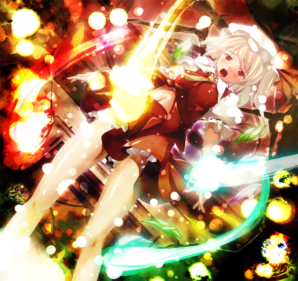 ichio, flandre scarlet, touhou, 1girl, blonde hair, female focus, hat, ponytail, red eyes, short hair, short hair with long locks, side ponytail, solo, wings