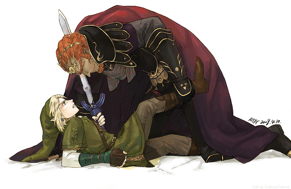 mtfy (artist), ganondorf, link, the legend of zelda, 2boys, multiple boys, peeing, peeing self, triforce, you gonna get raped