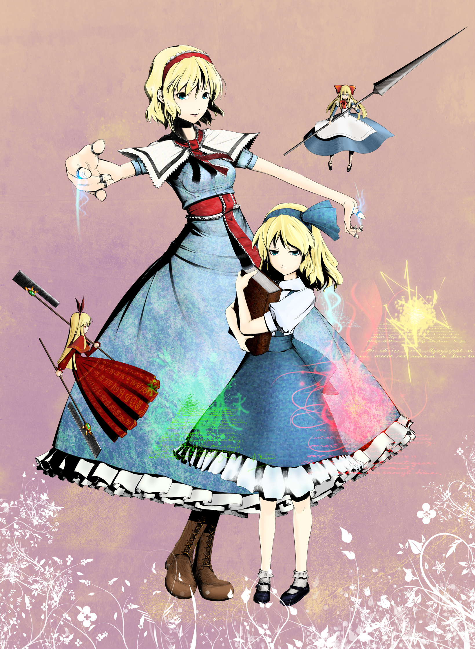 alice margatroid, alice margatroid (pc-98), hourai doll, shanghai doll, mystic square, touhou, touhou (pc-98), bad id, bad pixiv id, highres, 2girls, blonde hair, blue eyes, book, boots, bow, doll, dress, female focus, hair bow, hairband, mary janes, multiple girls, shoes, socks, time paradox, weapon