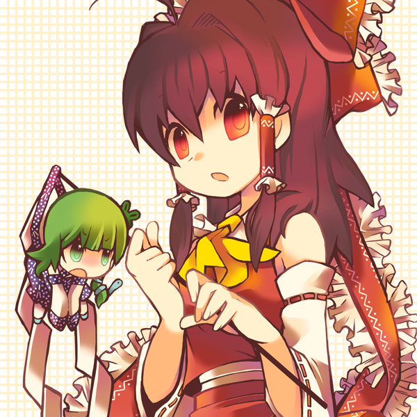 n:go, hakurei reimu, kochiya sanae, touhou, 2girls, ahoge, ascot, black hair, bow, detached sleeves, female focus, frills, frog hair ornament, gohei, green eyes, green hair, hair bow, hair ornament, hair tubes, mini person, minigirl, multiple girls, open mouth, red eyes, short hair, snake