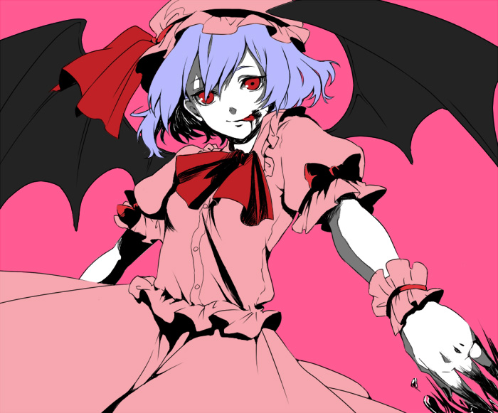 chikushou desu, remilia scarlet, touhou, bad id, bad pixiv id, 1girl, bat wings, blood, female focus, hat, hat ribbon, outstretched arm, outstretched hand, pale skin, pink theme, purple hair, red eyes, ribbon, short hair, short sleeves, simple background, smile, solo, tongue, wings, wrist cuffs