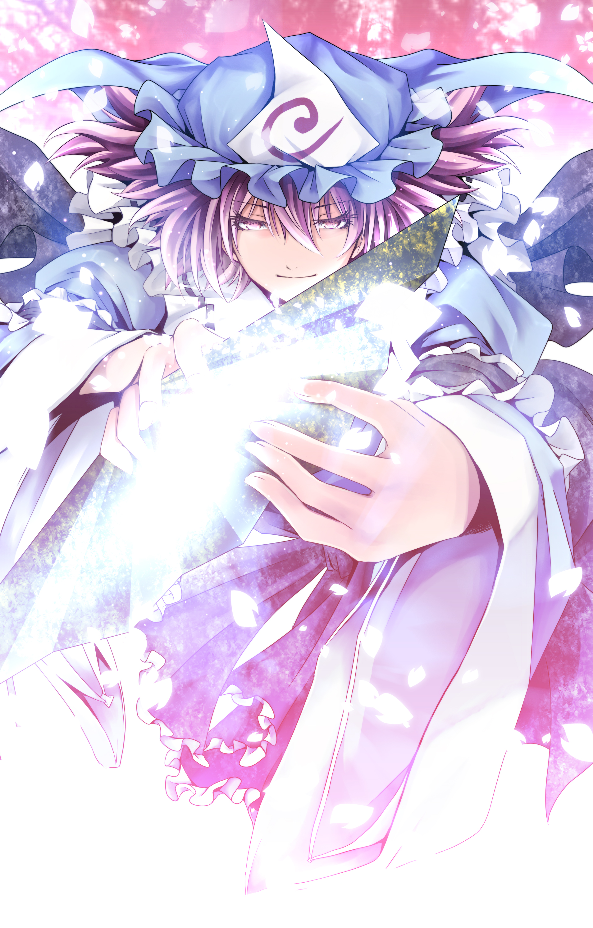 futami kito, saigyouji yuyuko, touhou, absurdres, bad id, bad pixiv id, highres, 1girl, female focus, hat, japanese clothes, pink hair, red eyes, short hair, solo