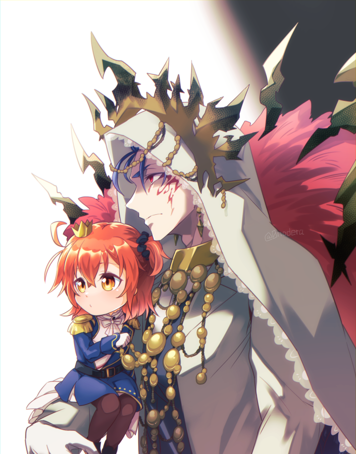 0nodera, cu chulainn (fate), cu chulainn alter (dream portrait) (fate), cu chulainn alter (fate), fujimaru ritsuka (female), fujimaru ritsuka (female) (halloween royalty), fate/grand order, fate (series), commentary request, 1boy, 1girl, ahoge, blue hair, blue jacket, closed mouth, crown, epaulettes, facial mark, jacket, jewelry, orange eyes, orange hair, veil, white jacket, white veil