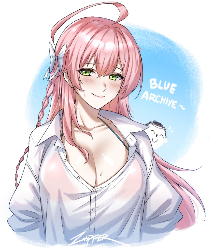 zxpfer, doodle sensei (blue archive), hanako (blue archive), hanako (swimsuit) (blue archive), sensei (blue archive), blue archive, commentary, english commentary, 1boy, 1girl, ahoge, artist name, blush, bra, breasts, collarbone, collared shirt, green eyes, large breasts, light smile, looking at viewer, pink bra, pink hair, ribbon, see-through clothes, shirt, signature, smile, sweat, swimsuit, underwear, white ribbon, white shirt
