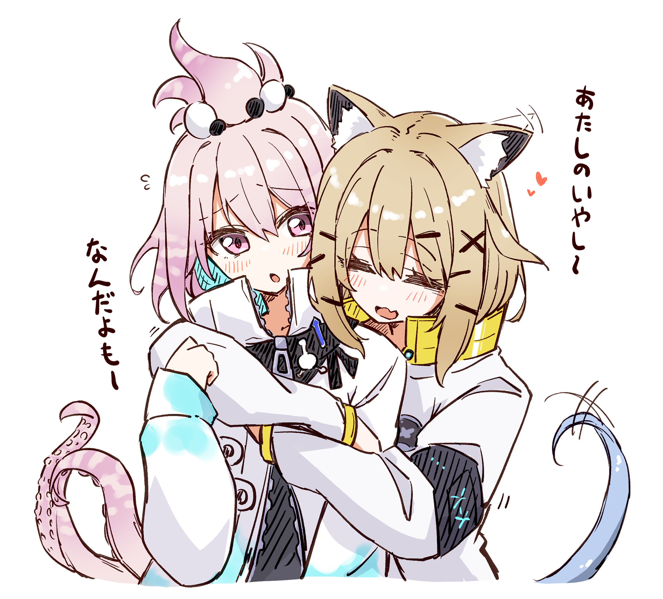 maiq06, infection monitor (arknights), kirara (arknights), utage (arknights), arknights, commentary request, highres, translation request, 2girls, afterimage, animal ear fluff, animal ears, blonde hair, blush, closed eyes, cropped torso, fang, hair between eyes, hair ornament, heart, hug, jacket, long sleeves, multiple girls, no nose, open mouth, pink eyes, pink hair, short hair, simple background, skin fang, tail, tentacle tail, white background, white jacket, x hair ornament, yuri