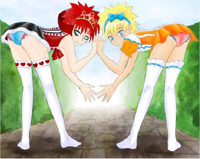 gaara, uzumaki naruto, naruto, blush, crossdressing, holding hands, panties, thighhighs, trap, underwear, upskirt, yaoi