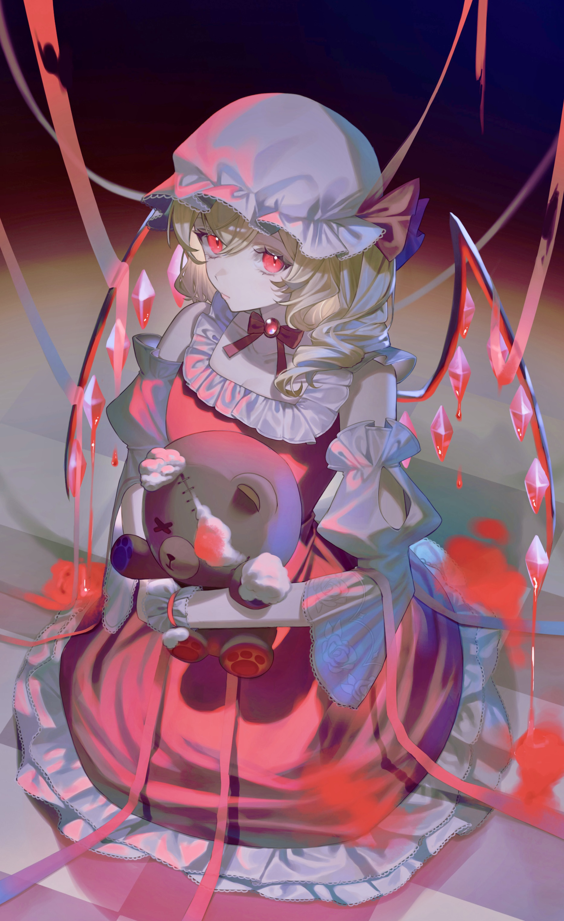 ko gyoku, flandre scarlet, touhou, absurdres, commentary request, highres, 1girl, alternate costume, blonde hair, blood, closed mouth, crystal, crystal wings, detached sleeves, dress, drill hair, hat, hugging doll, hugging object, looking at viewer, mob cap, one side up, red dress, red eyes, red vest, sitting, solo, stuffed animal, stuffed toy, stuffing, teddy bear, vest, white hat, wings