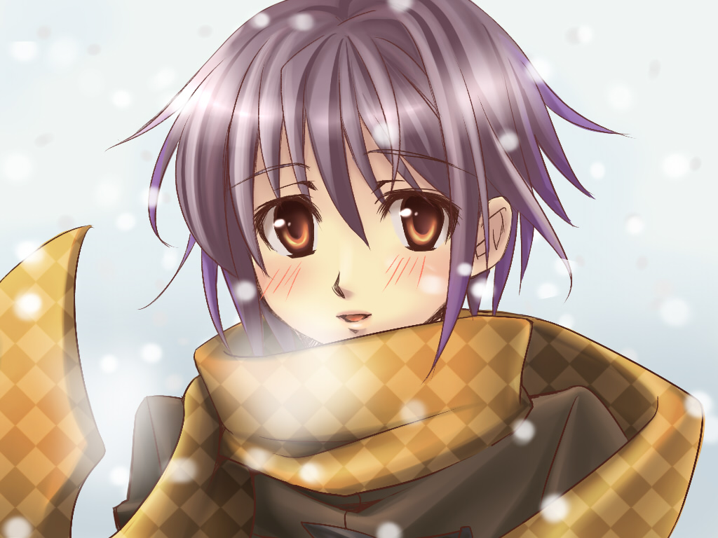 ren lowol, nagato yuki, suzumiya haruhi no shoushitsu, suzumiya haruhi no yuuutsu, bad id, bad pixiv id, 10s, blush, brown eyes, brown hair, coat, scarf, short hair, snow, solo