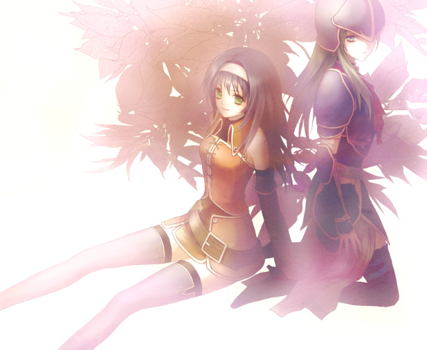 doromon, mia (fire emblem), nephenee (fire emblem), fire emblem, fire emblem: radiant dawn, nintendo, bad id, bad pixiv id, 2girls, armor, bare shoulders, belt, blue eyes, elbow gloves, gloves, green eyes, green hair, hairband, kneeling, multiple girls, purple hair, sitting, thighhighs