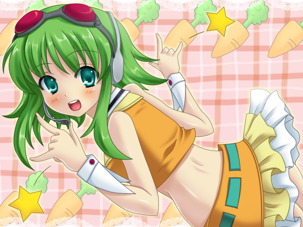 ayase aria, gumi, vocaloid, 1girl, carrot, female focus, goggles, goggles on head, green eyes, green hair, headphones, headset, m/, matching hair/eyes, short hair, skirt, solo, wrist cuffs
