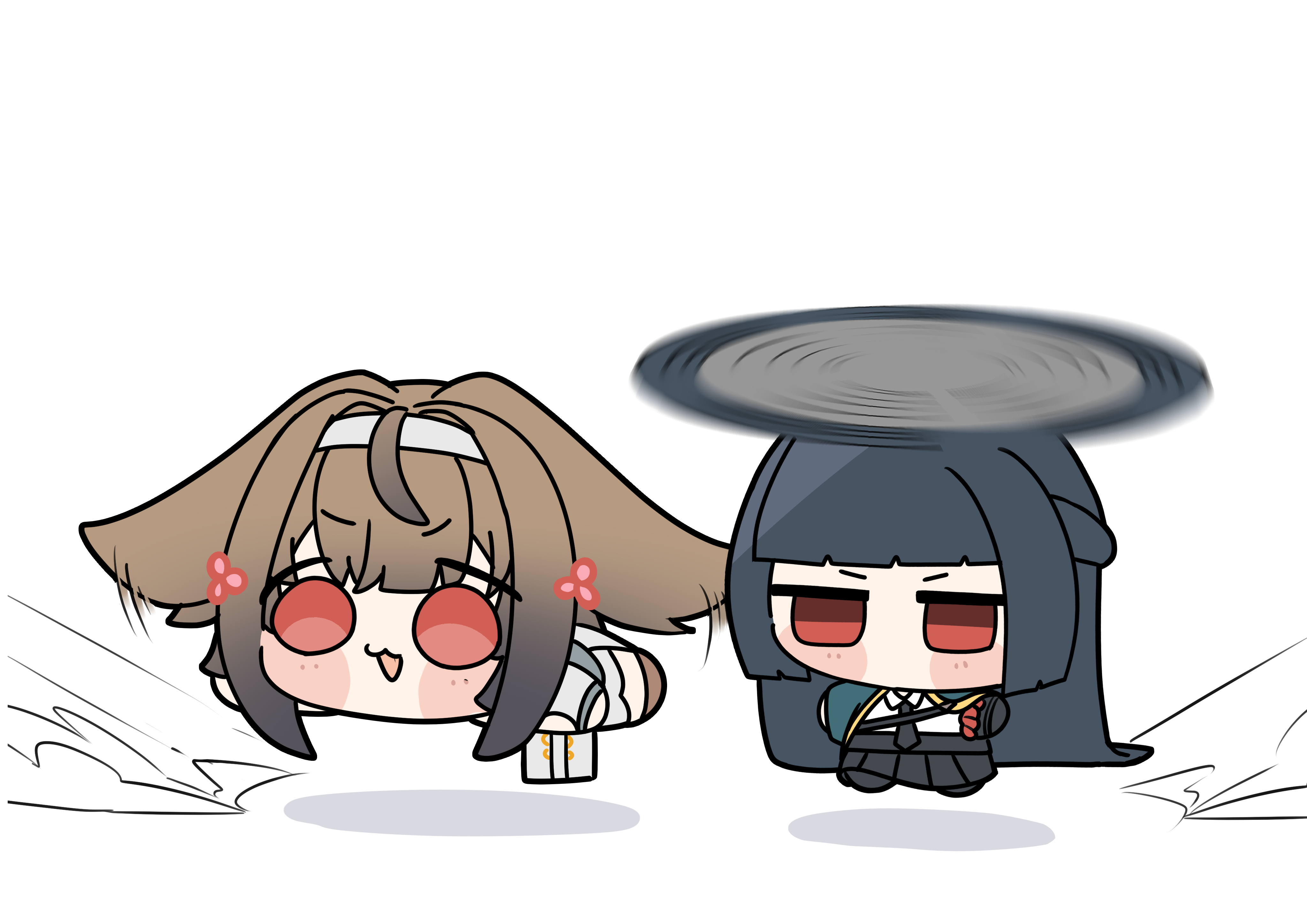 shinonome nashi, hoshimi miyabi, ye shunguang, zenless zone zero, absurdres, commentary request, highres, 2girls, animal ear fluff, animal ears, aqua jacket, arm out of sleeve, black hair, black necktie, black skirt, blush, brown hair, chibi, chibi only, china dress, chinese clothes, clover, clover hair ornament, dress, droopy ears, flying, fox ears, fox girl, full body, hair ornament, hairband, jacket, long hair, motion lines, multiple girls, necktie, open mouth, red eyes, shadow, shirt, simple background, skirt, v-shaped eyebrows, white background, white dress, white hairband, white shirt