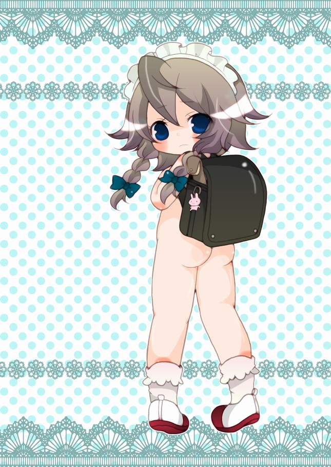 haru (citron citron), izayoi sakuya, touhou, silver hair, bad id, bad pixiv id, 1girl, ass, back, backpack, bag, braid, female focus, loli, nude, randoseru, short hair, solo, twin braids