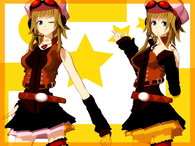 gumi, vocaloid, 1girl, alternate costume, belt, brown hair, goggles, goggles on head, green eyes, green hair, hat, headset, pantyhose