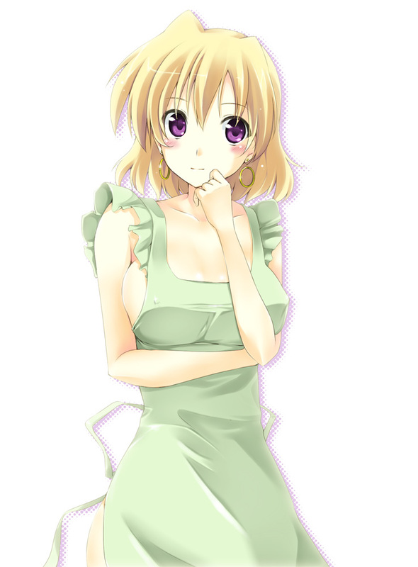 aito (indigorabbit), shamal, lyrical nanoha, mahou shoujo lyrical nanoha, mahou shoujo lyrical nanoha strikers, 00s, apron, blonde hair, blush, earrings, jewelry, naked apron, purple eyes, solo