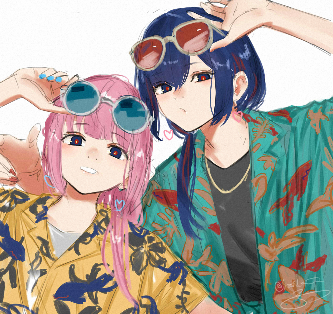 isshiki (ffmania7), kaf (kamitsubaki studio), rim (kamitsubaki studio), kamitsubaki studio, commentary, highres, symbol-only commentary, 2girls, adjusting eyewear, alternate costume, aqua shirt, blue-tinted eyewear, blue eyes, blue hair, collared shirt, grey-framed eyewear, grin, hawaiian shirt, jewelry, long hair, multicolored hair, multiple girls, necklace, open clothes, open shirt, parted lips, pink hair, red-tinted eyewear, red hair, round eyewear, shirt, simple background, smile, sunglasses, tinted eyewear, two-tone hair, undershirt, upper body, virtual youtuber, white background, yellow pupils, yellow shirt