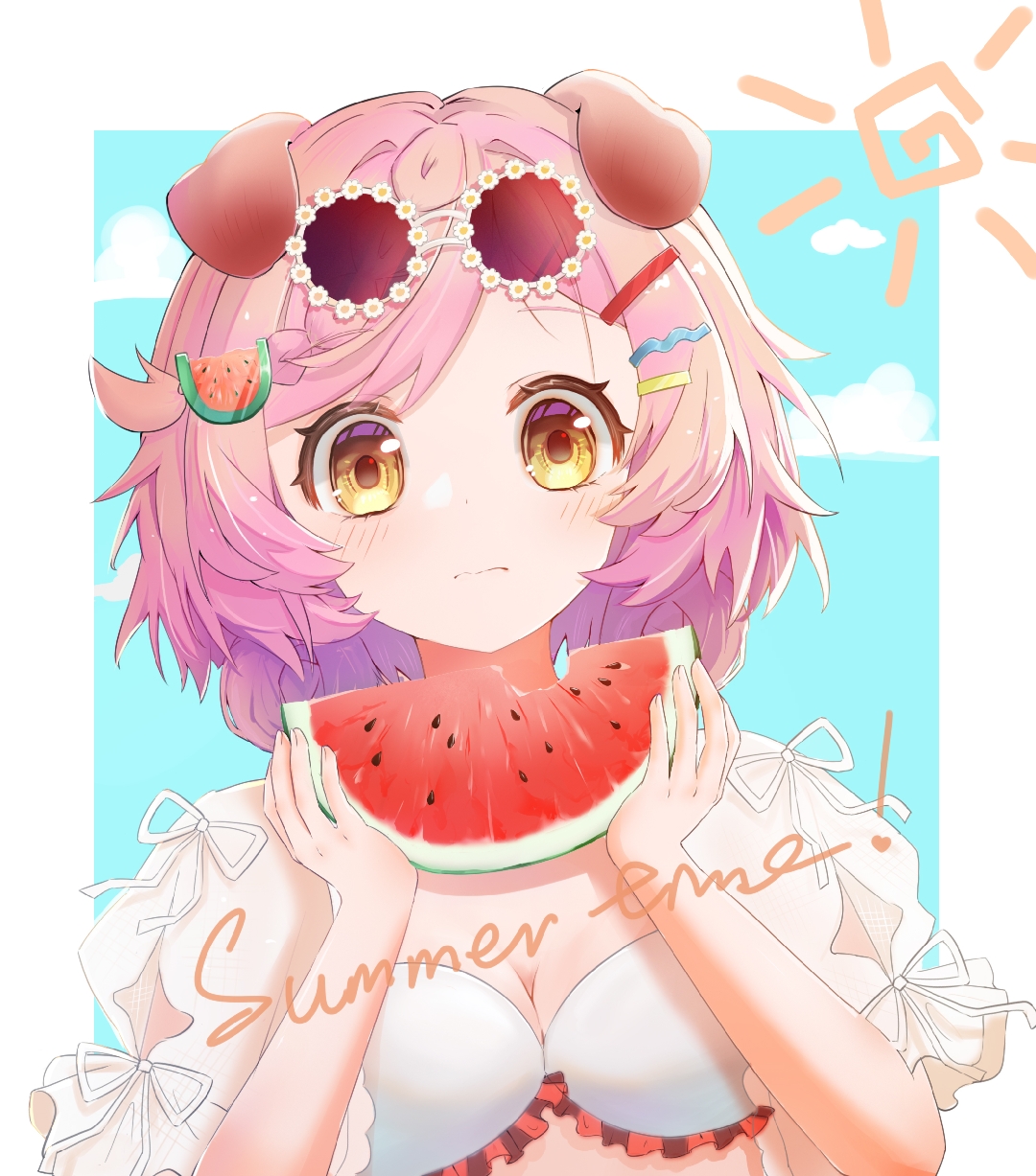 goldenglow (arknights), goldenglow (summer flowers) (arknights), arknights, chinese commentary, commentary request, highres, 1girl, animal ears, bikini, blush, border, breasts, cleavage, closed mouth, english text, eyewear on head, food, food-themed hair ornament, fruit, hair ornament, hairclip, holding, holding food, holding fruit, medium breasts, official alternate costume, outside border, pink hair, round eyewear, shi lu wen a, short hair, solo, sun symbol, swimsuit, upper body, watermelon, watermelon hair ornament, watermelon slice, white bikini, white border, yellow eyes