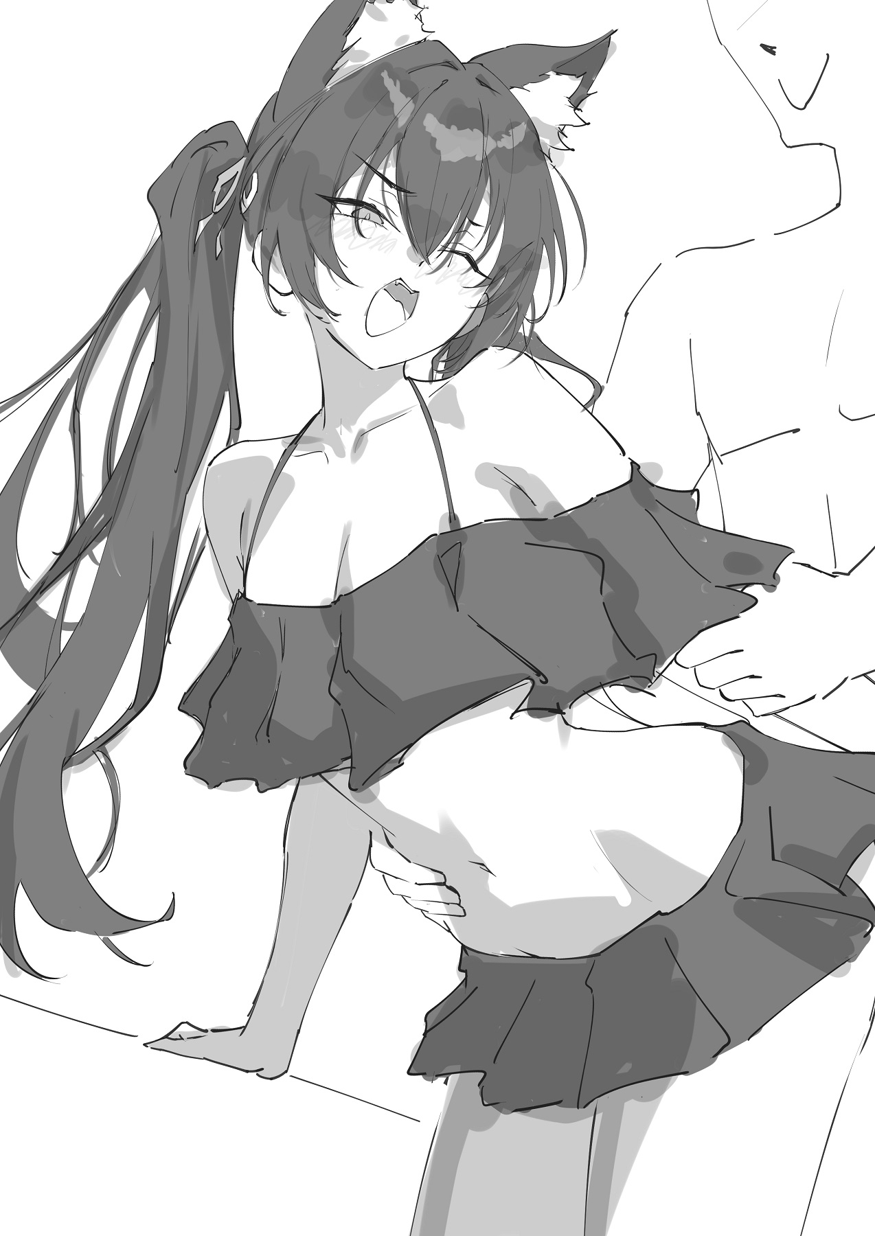 ei (eiei e1), sensei (blue archive), serika (blue archive), serika (swimsuit) (blue archive), blue archive, highres, 1boy, 1girl, animal ear fluff, animal ears, bikini, blush, breasts, cat ears, frilled bikini, frills, grabbing another's arm, greyscale, long hair, monochrome, navel, one eye closed, open mouth, sex, sex from behind, simple background, small breasts, swimsuit, teeth, tongue, torso grab, twintails, upper teeth only