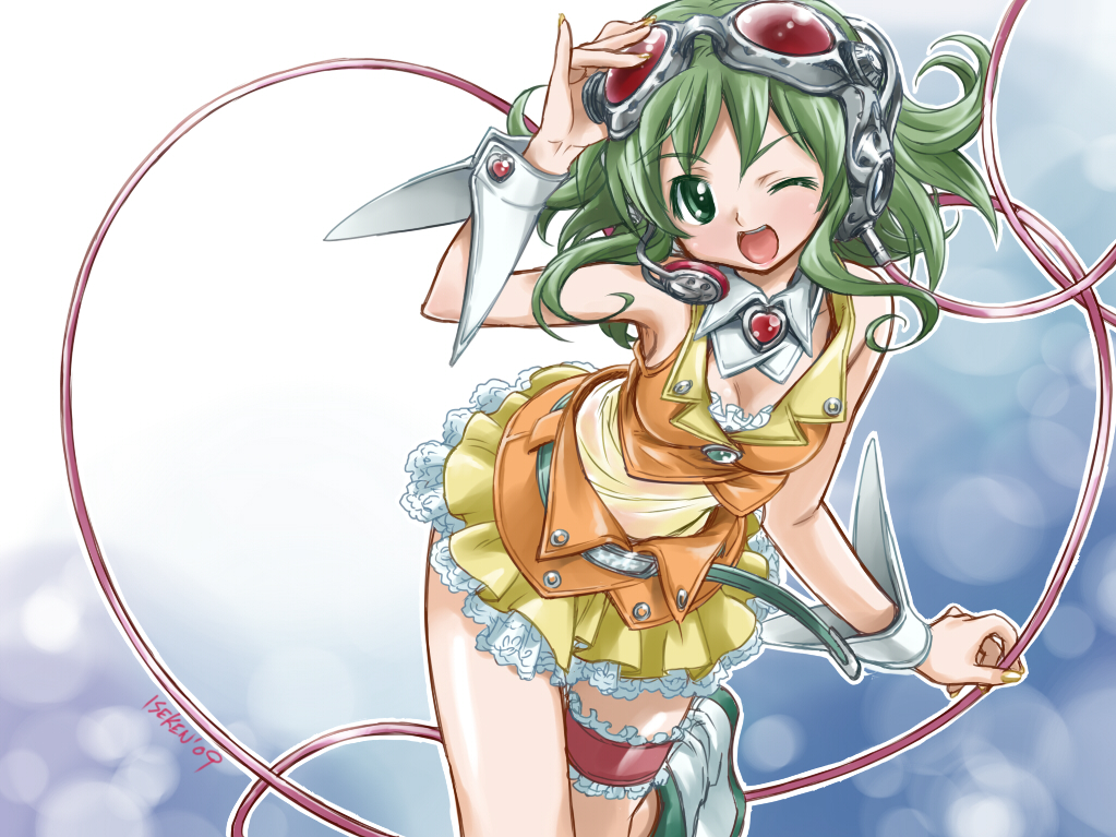 isedaichi ken, gumi, vocaloid, 1girl, female focus, goggles, goggles on head, green eyes, green hair, headphones, headset, matching hair/eyes, midriff, one eye closed, see-through clothes, short hair, skirt, solo, wink, wrist cuffs