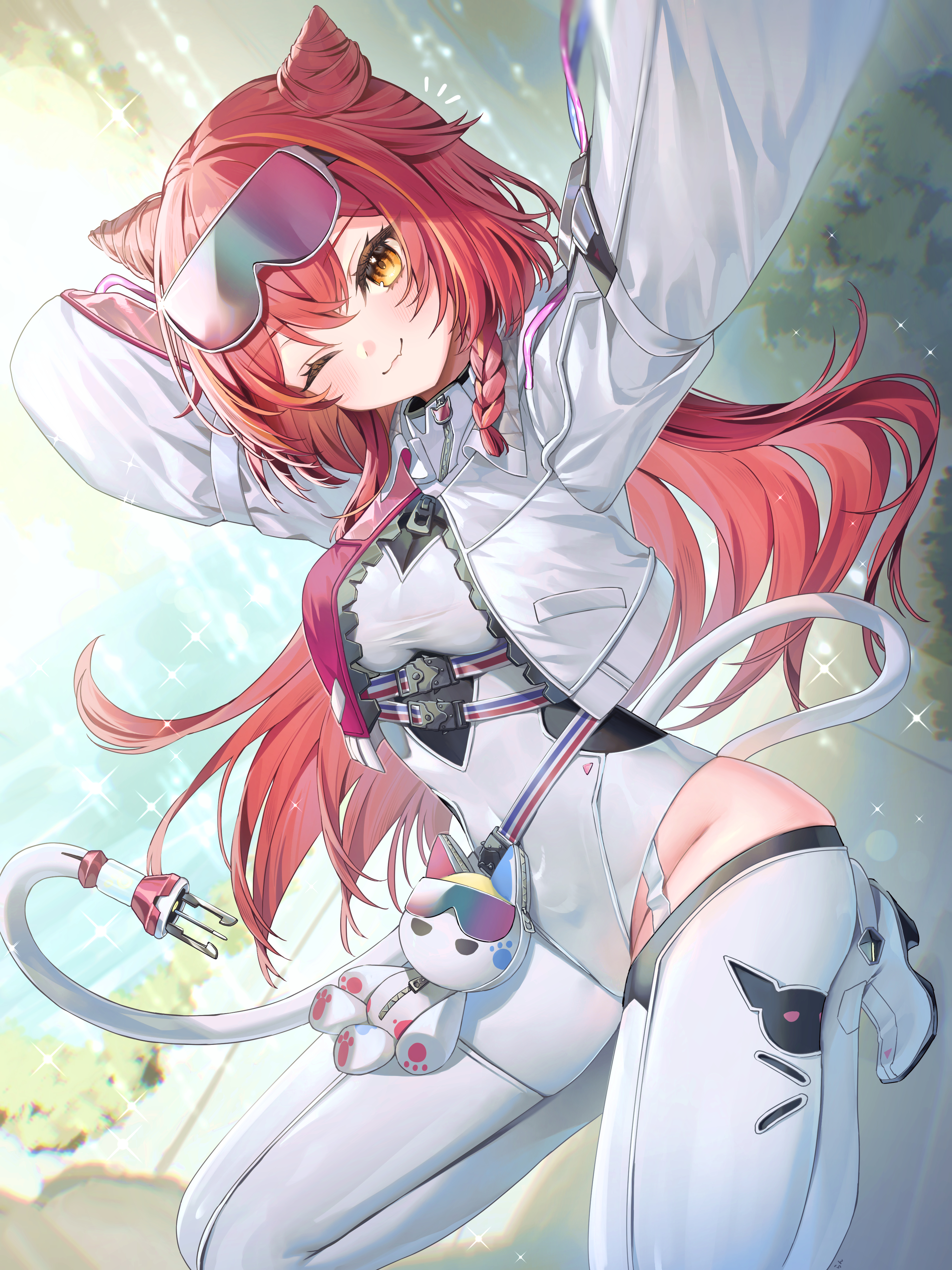 runlan 0329, nekota tsuna, nekota tsuna (5th costume), vspo!, absurdres, commentary request, highres, 1girl, ;3, animal bag, animal ears, animal print, arm behind head, arm up, arms up, blurry, blurry background, blush, bodysuit, boots, braid, breasts, cat bag, cat ears, cat girl, cat print, closed mouth, collared jacket, cone hair bun, covered navel, cropped jacket, double bun, dutch angle, fang, goggles, goggles on head, gradient-tinted eyewear, groin, hair between eyes, hair bun, jacket, legs, light particles, long hair, long sleeves, looking at viewer, medium breasts, multicolored hair, multicolored jacket, official alternate costume, one eye closed, open clothes, open jacket, outstretched arm, red hair, side braid, sidelocks, single braid, skin fang, smile, solo, sparkle, squatting, streaked hair, tail, thigh boots, thighs, tinted eyewear, two-tone jacket, unzipped, very long hair, virtual youtuber, water, white bodysuit, white boots, white jacket, yellow eyes, zipper pull tab