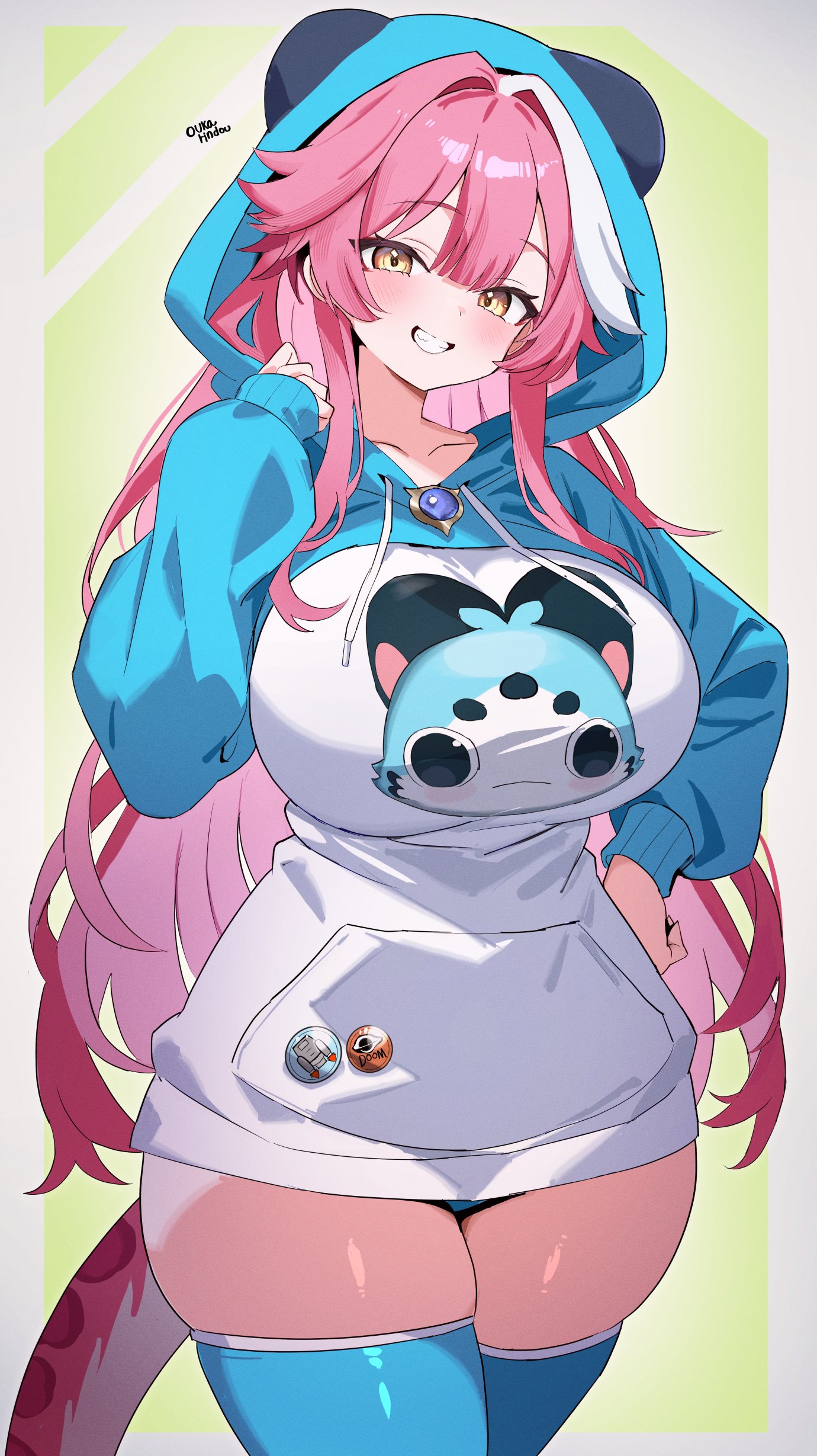 o-rindou5100, chattino (raora panthera), raora panthera, hololive, hololive english, absurdres, highres, 1girl, artist name, badge, blue hoodie, blue thighhighs, breasts, character print, flushed face emoji shirt (meme), grin, hair through hood, hand on own hip, hood, hoodie, large breasts, long hair, meme, panther tail, pink hair, smile, tail, thick thighs, thighhighs, thighs, virtual youtuber, yellow eyes