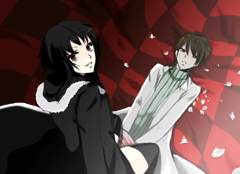 kanari55, orihara izaya, yagiri namie, durarara!!, bad id, bad pixiv id, 1boy, 1girl, black hair, black thighhighs, brown eyes, brown hair, coat, genderswap, genderswap (ftm), genderswap (mtf), lab coat, red eyes, sweater, thighhighs