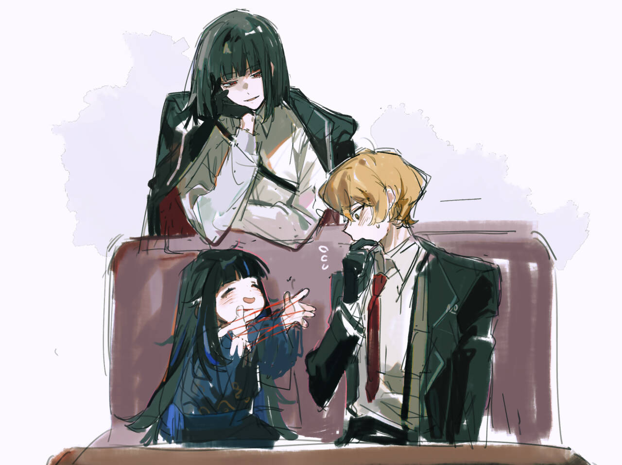 jingshenhuanghu, araya (project moon), ryoshu (project moon), sinclair (project moon), limbus company, project moon, commentary request, 1boy, 2girls, black gloves, black jacket, black kimono, black sleeves, black suit, blonde hair, blue hair, blue sash, blunt bangs, blunt ends, blush, cat's cradle, collared shirt, couch, covering own mouth, dress shirt, facing another, flying sweatdrops, formal clothes, gloves, hand on own face, hand over own mouth, hand up, happy, jacket, jacket on shoulders, japanese clothes, kimono, long hair, long sleeves, looking at another, multicolored hair, multiple girls, necktie, open hands, parted lips, red eyes, red jacket, red necktie, sash, shirt, short hair, sitting, smile, streaked hair, suit, suit jacket, sweatdrop, table, two-sided fabric, two-sided jacket, undershirt, very long hair, white background, white shirt, white sleeves, wing collar, yellow eyes