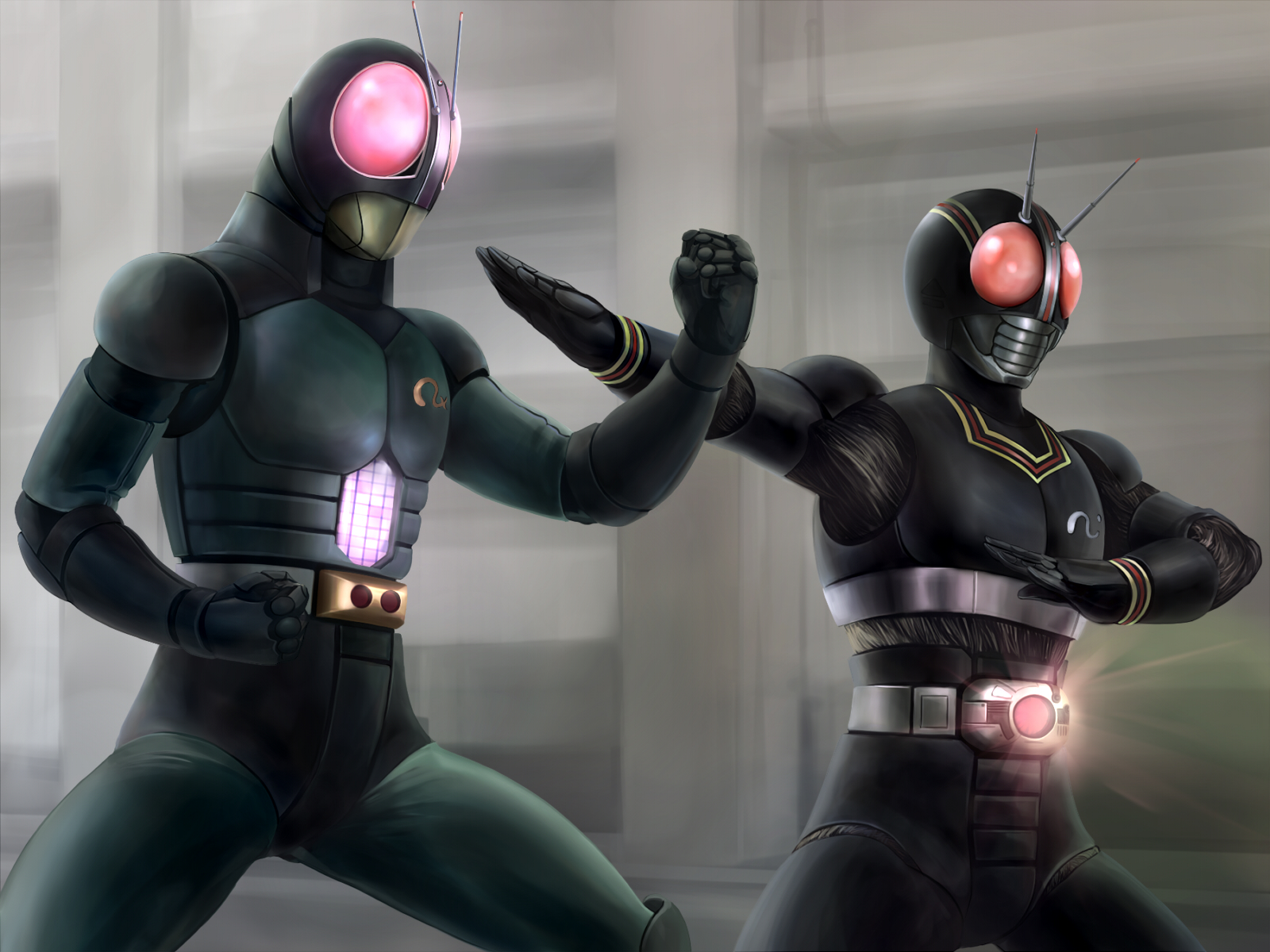 sei mon, kamen rider black, kamen rider black rx, kamen rider, kamen rider black (series), kamen rider black rx (series), kamen rider dcd, highres, 2boys, antennae, belt, glowing, glowing eyes, kiyoshiu2606mon, multiple boys, time paradox