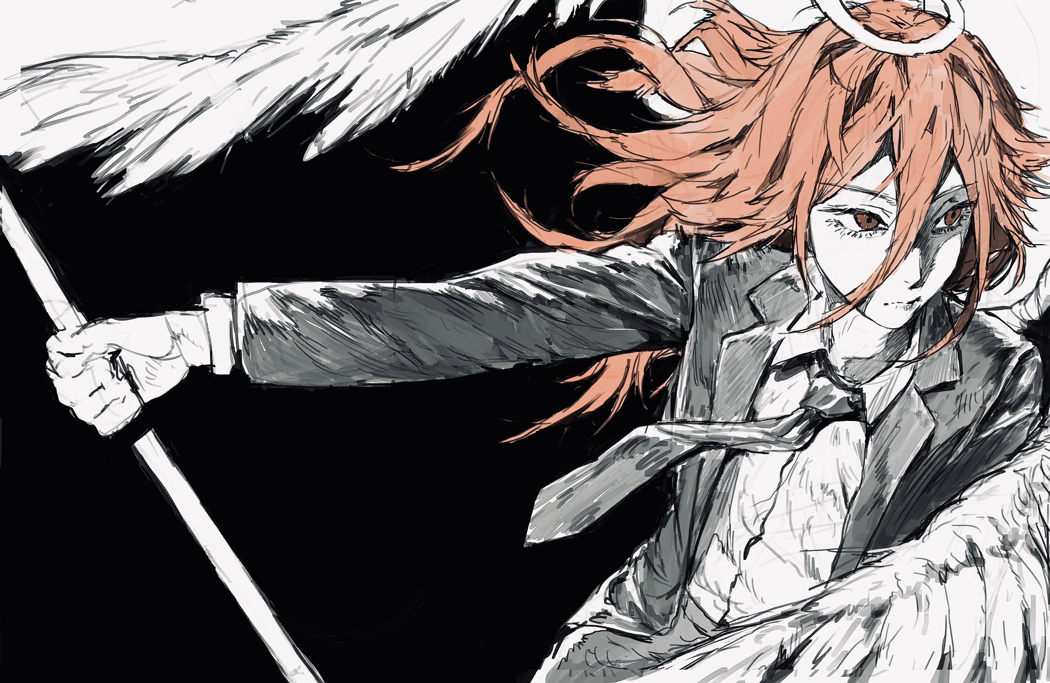 subbaru, angel devil (chainsaw man), chainsaw man, commentary, highres, 1boy, angel wings, arm up, black necktie, black pants, black suit, collared shirt, eyelashes, formal clothes, hair between eyes, halo, holding, holding weapon, long hair, messy hair, necktie, orange eyes, orange hair, pants, partially shaded face, shirt, sketch, suit, two-tone background, upper body, weapon, white shirt, wings