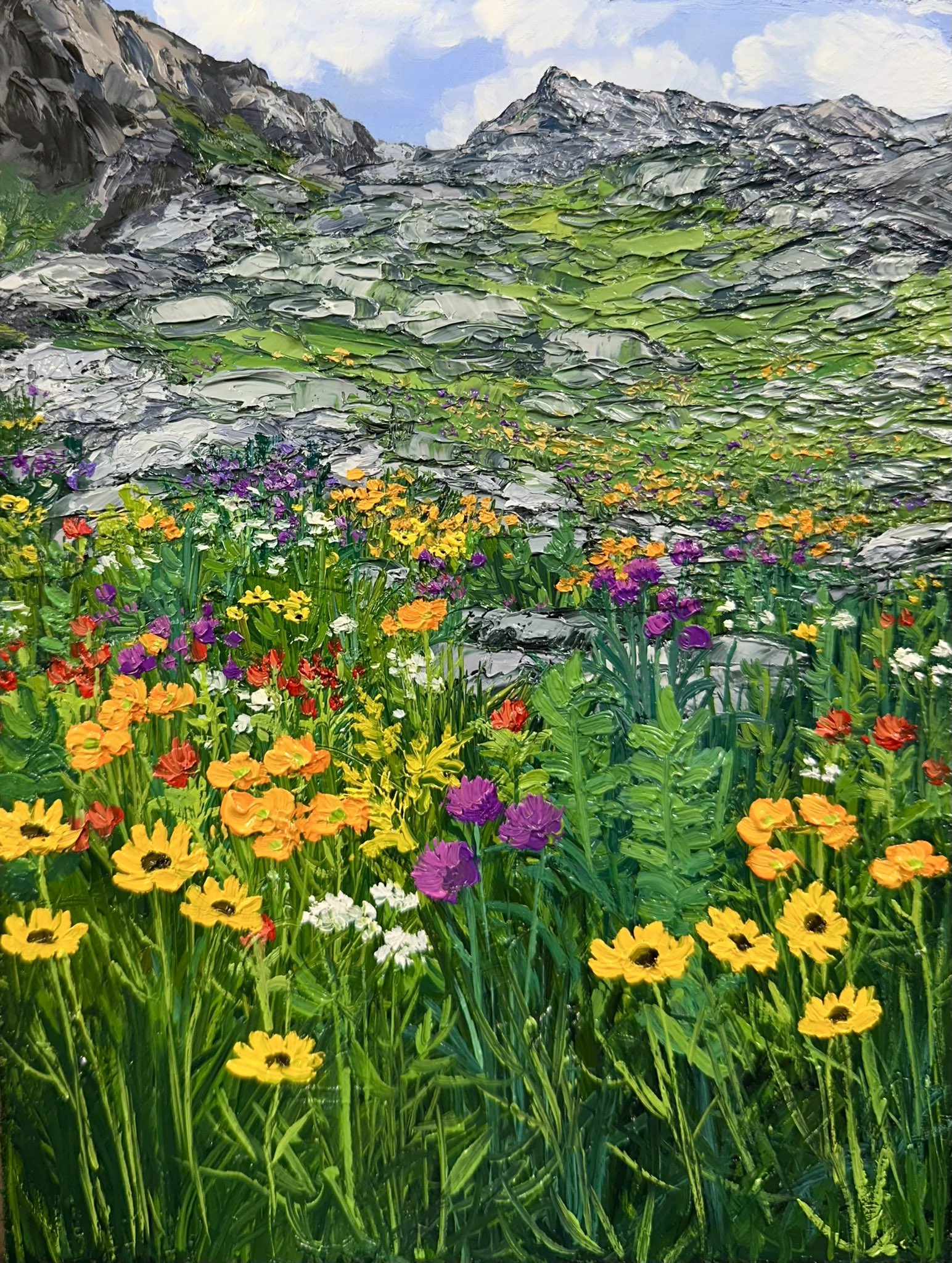 kate avery, original, commentary, english commentary, highres, oil painting (medium), painting (medium), traditional media, blue sky, cloud, day, flower, grass, no humans, outdoors, purple flower, red flower, scenery, sky, white flower, yellow flower
