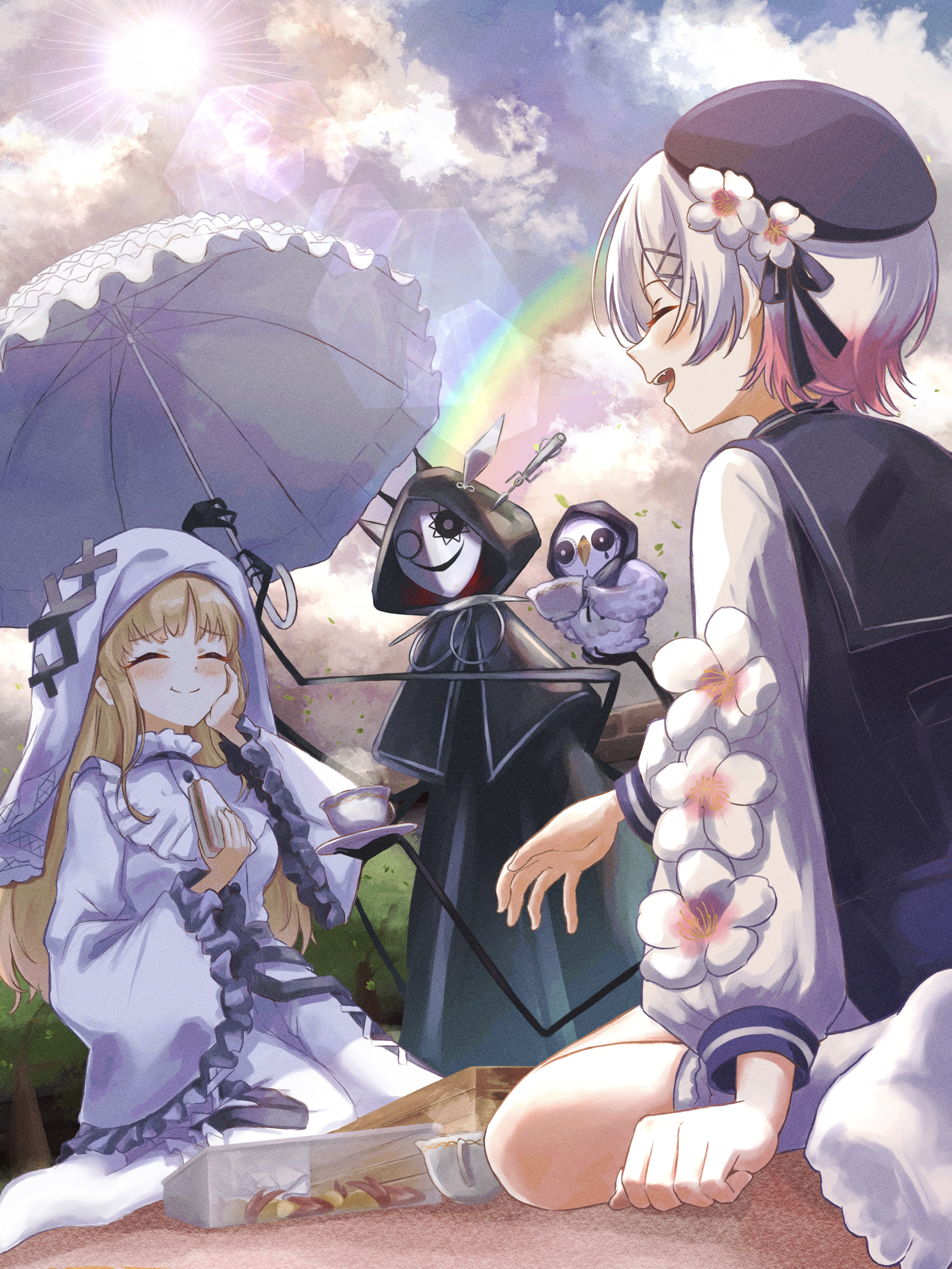 okanda, hikami meruru, sakuraba ema, mahou shoujo no majo saiban, absurdres, commentary request, highres, spoilers, 2girls, :d, apple, apple slice, beret, bird, black hat, blonde hair, closed eyes, cloud, cross, cup, dress, feet, food, frilled sleeves, frills, fruit, gokuchou, hair ornament, hand on own face, hat, hime cut, holding, holding umbrella, lens flare, multiple girls, narehate (mahou shoujo no majo saiban), open mouth, owl, picnic, pink hair, rainbow, sandwich, smile, socks, teacup, tree, umbrella, veil, white dress, white hair, white socks, white veil, x hair ornament