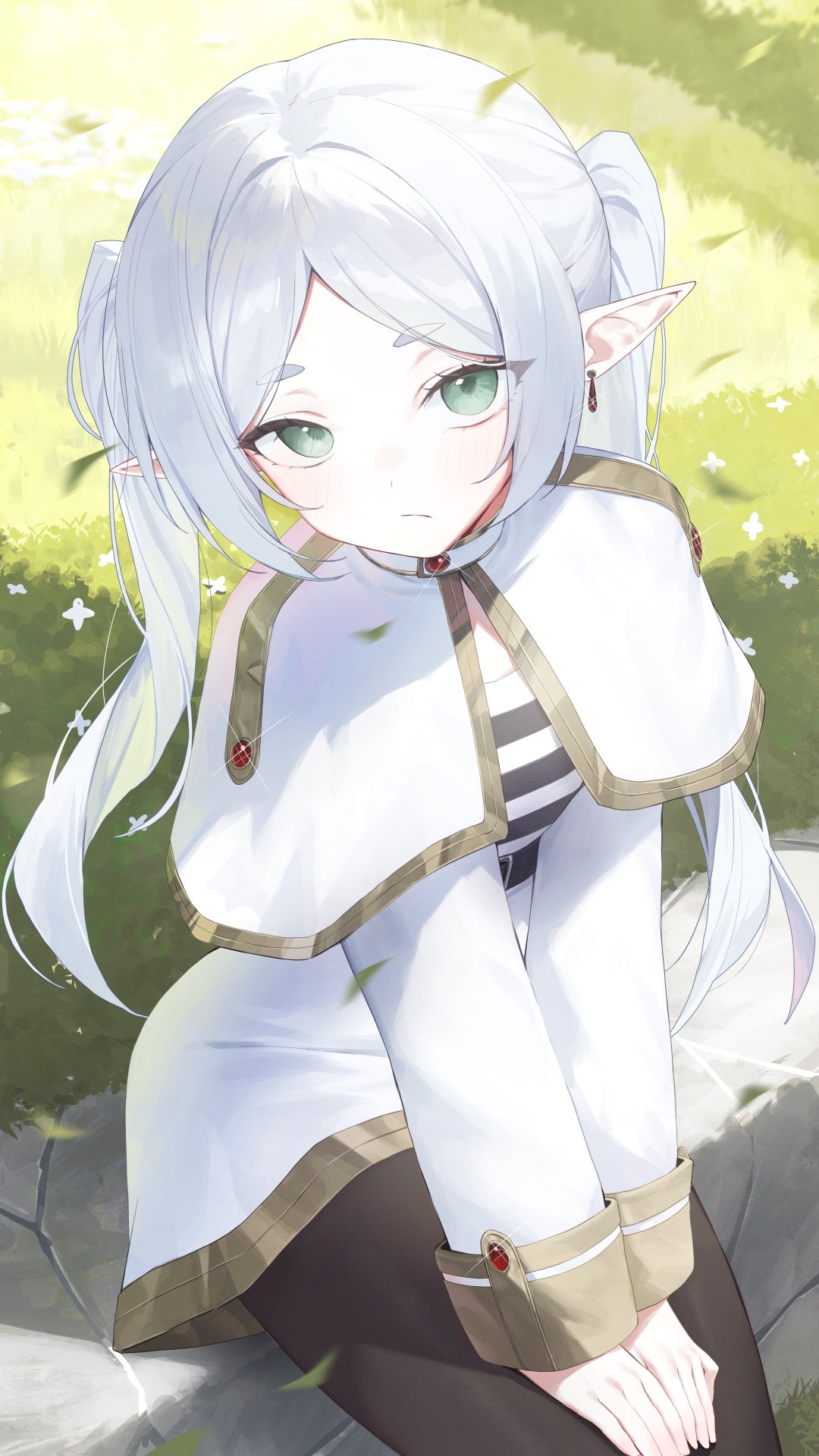 huhi (huhi 1211), frieren, sousou no frieren, highres, 1girl, :/, black pants, capelet, closed mouth, day, dress, earrings, grass, green eyes, jewelry, looking at viewer, pants, pointy ears, sitting, solo, twintails, white capelet, white dress, white hair
