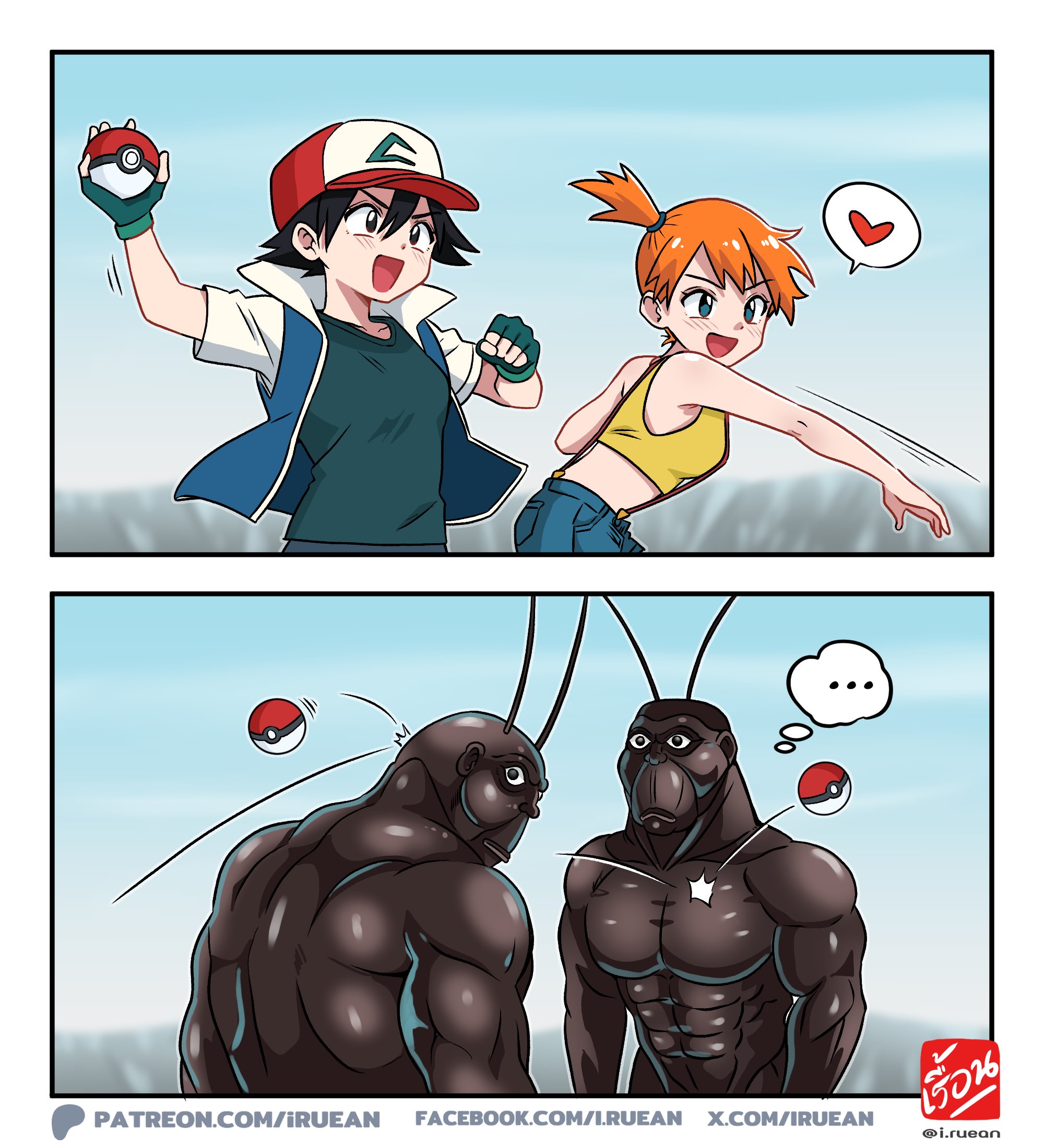 i.ruean, ash ketchum, misty (pokemon), terraformar, nintendo, pokemon, pokemon (anime), pokemon (classic anime), pokemon rgby, terra formars, …, 1girl, 3boys, :d, abs, antennae, artist name, baseball cap, black hair, blue eyes, blue jacket, blue shorts, broken heart, crop top, denim, denim shorts, fingerless gloves, gloves, green gloves, hat, heart, holding, holding poke ball, jacket, looking at another, midriff, motion lines, multiple boys, muscular, open clothes, open jacket, open mouth, orange hair, outstretched arm, poke ball, poke ball (basic), shirt, short hair, short sleeves, shorts, side ponytail, sleeveless, sleeveless shirt, smile, speech bubble, spoken ellipsis, spoken heart, suspenders, thought bubble, throwing, twitter username, watermark, web address, what, yellow shirt