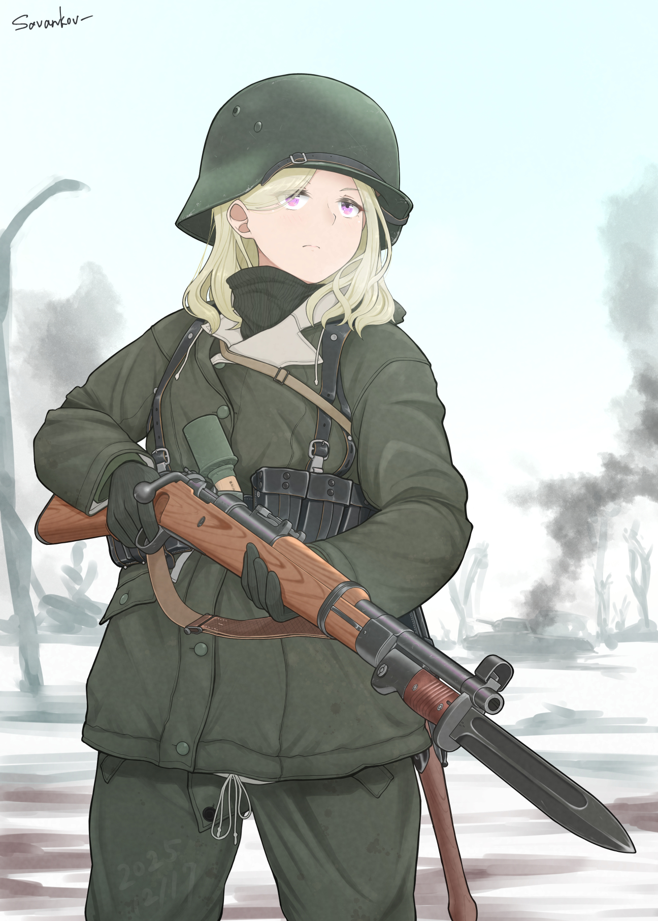 savankov, original, 1girl, ammunition pouch, artist name, bayonet, belt, blonde hair, bolt-action rifle, bolt action, braces, coat, combat helmet, dated, explosive, finger on trigger, gloves, grenade, gun, hair behind ear, hair over one eye, helmet, holding, holding gun, holding rifle, holding weapon, mauser 98, medium hair, military, military combat uniform, military uniform, pants, pouch, purple eyes, rifle, stahlhelm, stielhandgranate, weapon, winter, winter uniform