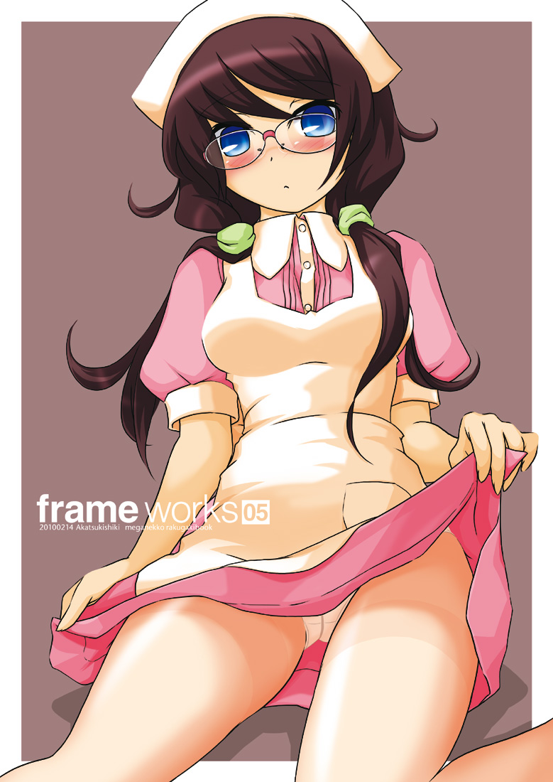 akatsuki (akatsukishiki), akatsuki (artist), 1girl, blue eyes, brown hair, clothes lift, crotch seam, female focus, glasses, nurse, panties, panties under pantyhose, pantyhose, see-through clothes, see-through legwear, skirt, skirt lift, solo, thighband pantyhose, underwear, upskirt, white panties