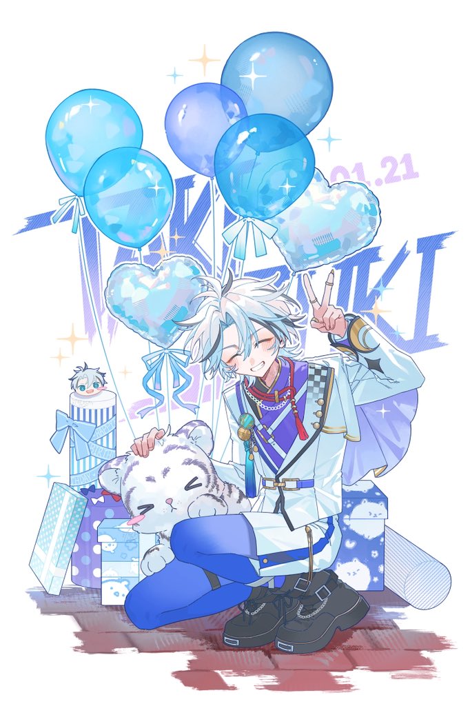 taki ibuki, ensemble stars!, 1boy, arm up, balloon, black shoes, black streaks, blazer, blue eyes, blue pantyhose, blue ribbon, blue shirt, blue theme, boots, bow, brooch, chain, facing viewer, feature scout 1 (ensemble stars!), fingernails, gift, happy birthday, heart balloon, jacket, jewelry, long sleeves, male focus, multicolored hair, multiple rings, official alternate costume, omanjuu mascot, open mouth, pantyhose, petting, red rope, ribbon, ring, rope, shirt, shoes, short hair, shorts, smile, solo, sparkle, squatting, streaked hair, tassel, teeth, thigh strap, tiger, v, white background, white hair, white jacket, white shorts, white tiger, xyumim