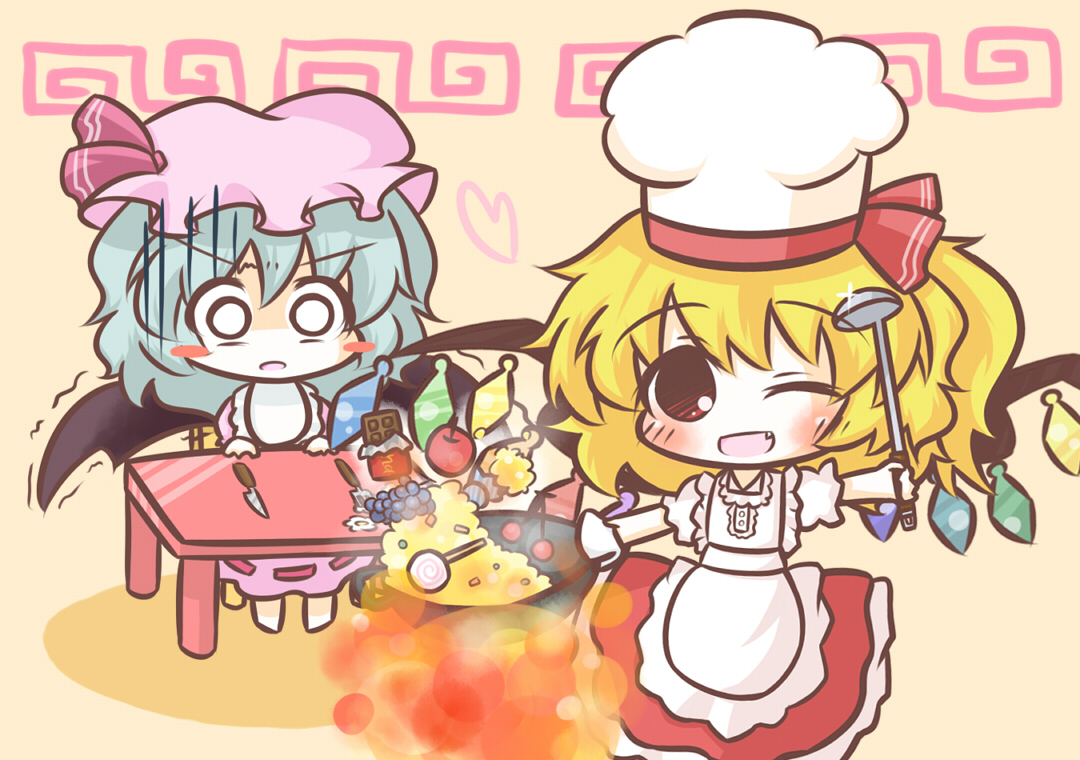 south114, flandre scarlet, remilia scarlet, touhou, bad id, bad pixiv id, 2girls, :o, ;d, adapted costume, apple, apron, asymmetrical hair, bad food, bat wings, blonde hair, blue hair, blush, blush stickers, candy, chair, chef hat, cherry, chibi, chocolate, chocolate bar, cooking, fang, female focus, fire, food, fork, fruit, gloom (expression), grapes, happy, hat, heart, knife, ladle, lollipop, meandros, mob cap, multiple girls, o o, one eye closed, open mouth, oven mitts, red eyes, ribbon, short hair, siblings, side ponytail, sisters, sitting, smile, table, trembling, turn pale, wings, wink