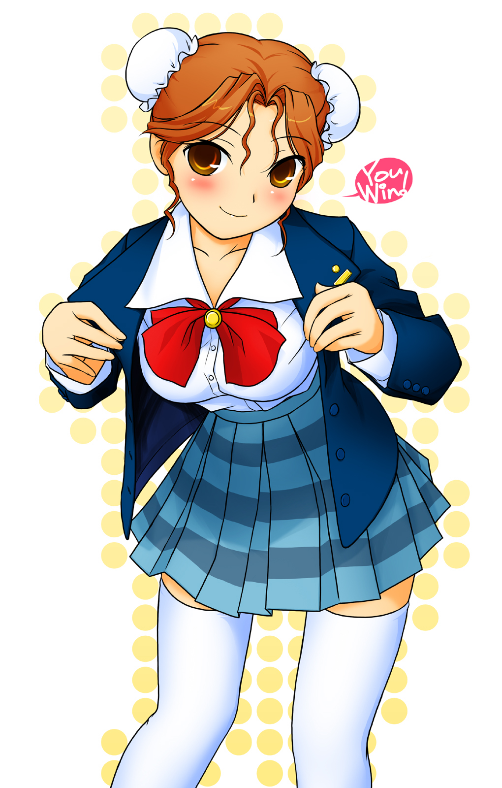 akatsuki (akatsukishiki), akatsuki (artist), highres, blazer, brown eyes, brown hair, double bun, english text, hair bun, jacket, school uniform, solo, thighhighs, white thighhighs