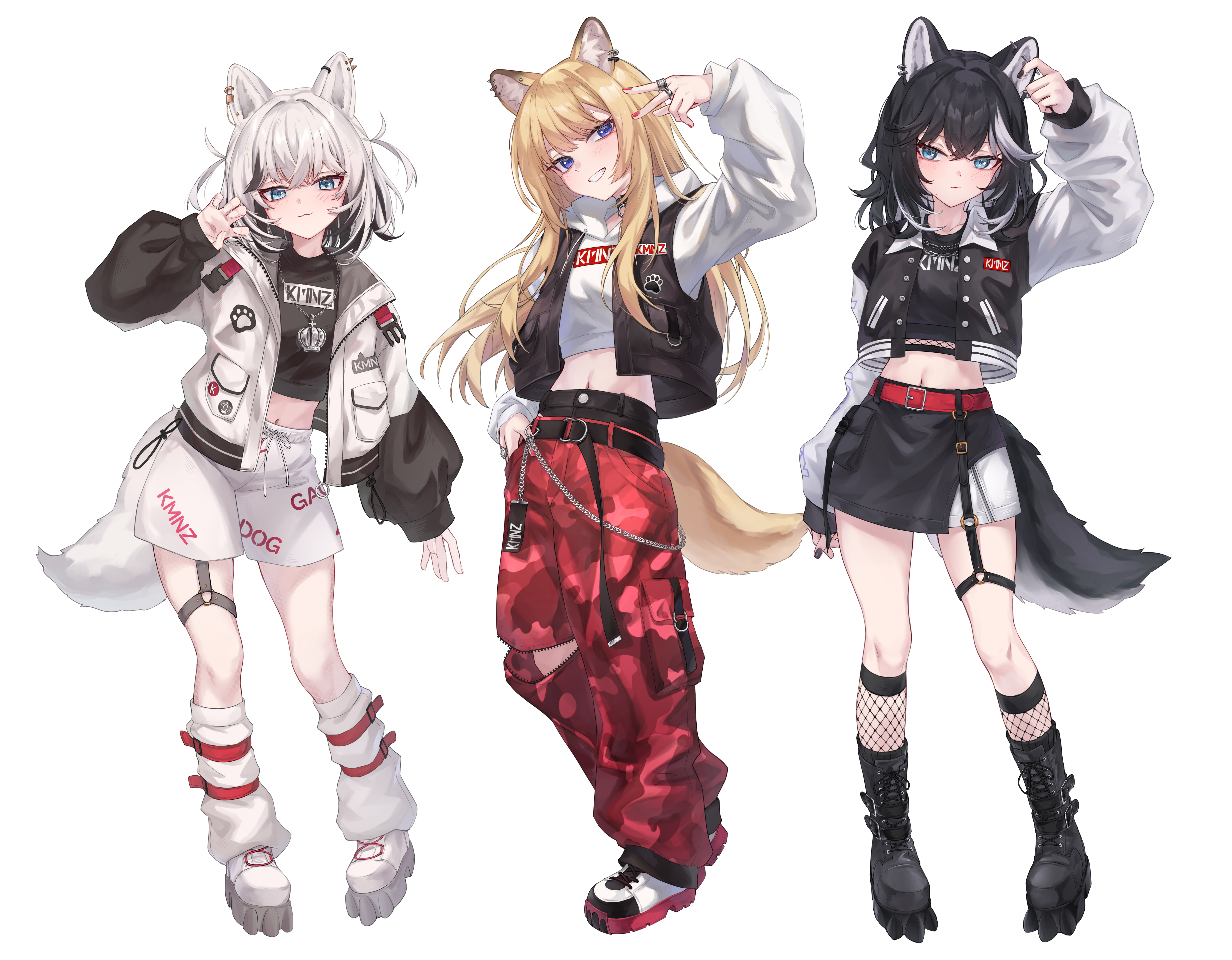 rei (9086), lita (kmnz), nero (kmnz), tina (kmnz), kmnz, absurdres, commentary, highres, 3girls, :3, animal ear piercing, animal ears, baggy clothes, baggy pants, belt, black boots, black hair, black jacket, black shirt, black skirt, black vest, blonde hair, blue eyes, boots, chain, chain necklace, claw pose, collar, cropped hoodie, dog ears, dog girl, dog tail, fishnet kneehighs, fishnets, full body, grin, hand in pocket, hood, hood down, hoodie, inward v, jacket, jewelry, kneehighs, long hair, long sleeves, looking at viewer, loose socks, medium hair, midriff, miniskirt, multicolored hair, multicolored jacket, multiple girls, multiple rings, navel, necklace, open clothes, open jacket, open vest, pants, pendant, platform boots, platform shoes, red belt, red pants, ring, shirt, shoes, shorts, simple background, skirt, smile, socks, streaked hair, tail, two-tone hair, two-tone jacket, two side up, v, vest, virtual youtuber, white background, white hair, white hoodie, white jacket, white shorts, zipper