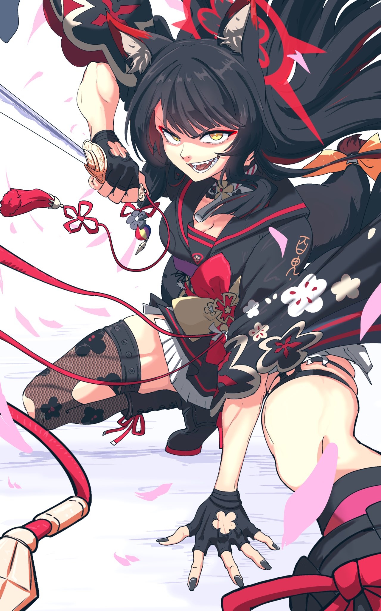 mattun 8230, wakamo (blue archive), blue archive, commentary, highres, 1girl, animal ear fluff, animal ears, black boots, black hair, black kimono, black nails, boots, breasts, cleavage, dynamic pose, evil smile, eyeshadow, fingerless gloves, fishnet thighhighs, fishnets, floating hair, floral print, floral print kimono, floral print sleeves, fox ears, fox girl, fox tail, garter straps, gloves, halo, hand on ground, holding, holding sword, holding weapon, japanese clothes, kimono, long hair, looking at viewer, makeup, medium breasts, open mouth, print kimono, red eyeshadow, red halo, ribbon, short kimono, single garter strap, single thighhigh, smile, solo, sword, tail, tail ornament, tail ribbon, teeth, thighhighs, torn clothes, torn thighhighs, weapon, white background, yellow eyes