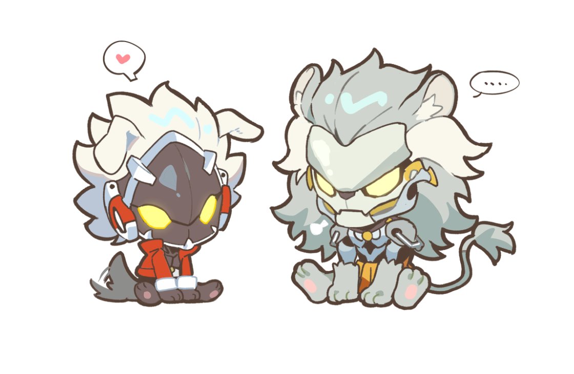 banyue (zenless zone zero), billy kid, zenless zone zero, commentary, symbol-only commentary, …, 12mo34mo56, 2boys, afterimage, animal ear fluff, animal ears, animal hands, chibi, chibi only, clothed robot, clothes around waist, dog ears, dog tail, full body, grey hair, heart, humanoid robot, jacket, male focus, mechanical tail, motion lines, multicolored hair, multiple boys, red jacket, robot, robot boy, simple background, sitting, spiked hair, spoken ellipsis, spoken heart, tail, white background, white hair, yellow eyes