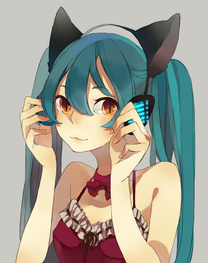 gou (tomero), hatsune miku, vocaloid, bad id, bad pixiv id, 1girl, :3, animal ear headphones, animal ears, aqua eyes, aqua hair, cat ear headphones, cat ears, fake animal ears, female focus, headphones, long hair, orange eyes, portrait, simple background, slit pupils, smile, solo, twintails