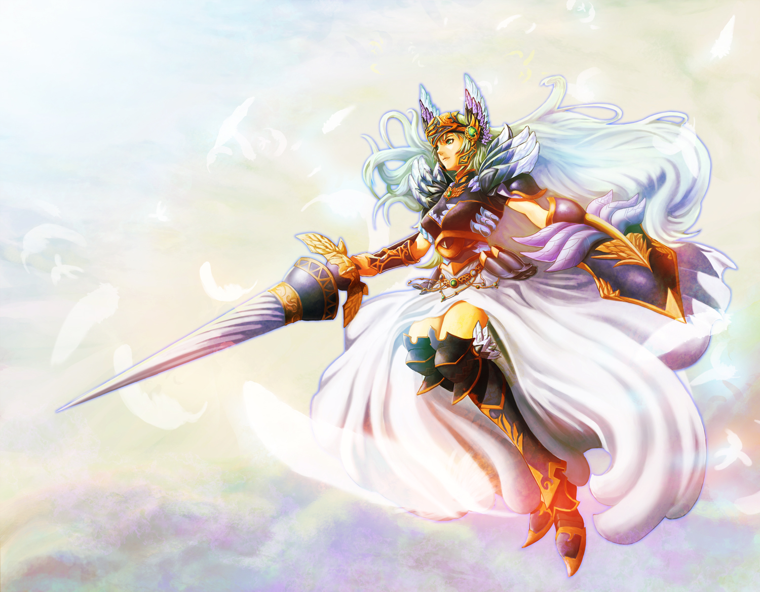 komgakure, bad id, bad pixiv id, 1girl, armor, armored dress, dress, fantasy, female focus, lance, long hair, polearm, shield, solo, spear, valkyrie, weapon