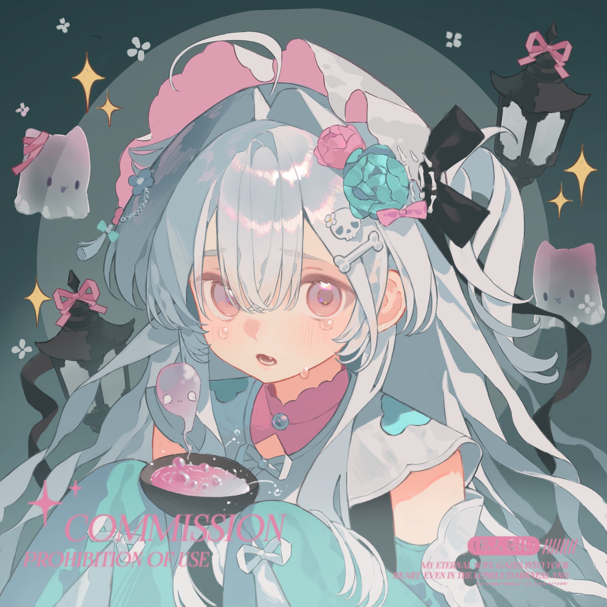 original, highres, 1girl, bao rong, black bow, black ribbon, blue flower, blush, bow, detached sleeves, eyelashes, fang, flower, ghost, hair between eyes, hair flower, hair ornament, hairpin, lamp, long hair, long sleeves, looking at viewer, lower teeth only, one side up, open mouth, pink eyes, pink flower, ribbon, sidelocks, sleeves past fingers, sleeves past wrists, solo, square, tears, teeth, upper body, white bow, white hair