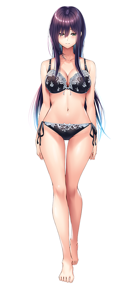 piromizu, himiyama rei, amakano 2, official art, variant set, 1girl, arms at sides, bare arms, bare legs, bare shoulders, barefoot, black bra, black panties, blush, bra, breasts, cleavage, closed mouth, collarbone, full body, green eyes, groin, hair between eyes, half-closed eyes, large breasts, legs, lingerie, long hair, long sidelocks, looking at viewer, navel, panties, purple hair, sidelocks, simple background, solo, standing, stomach, tachi-e, thighs, underwear, white background