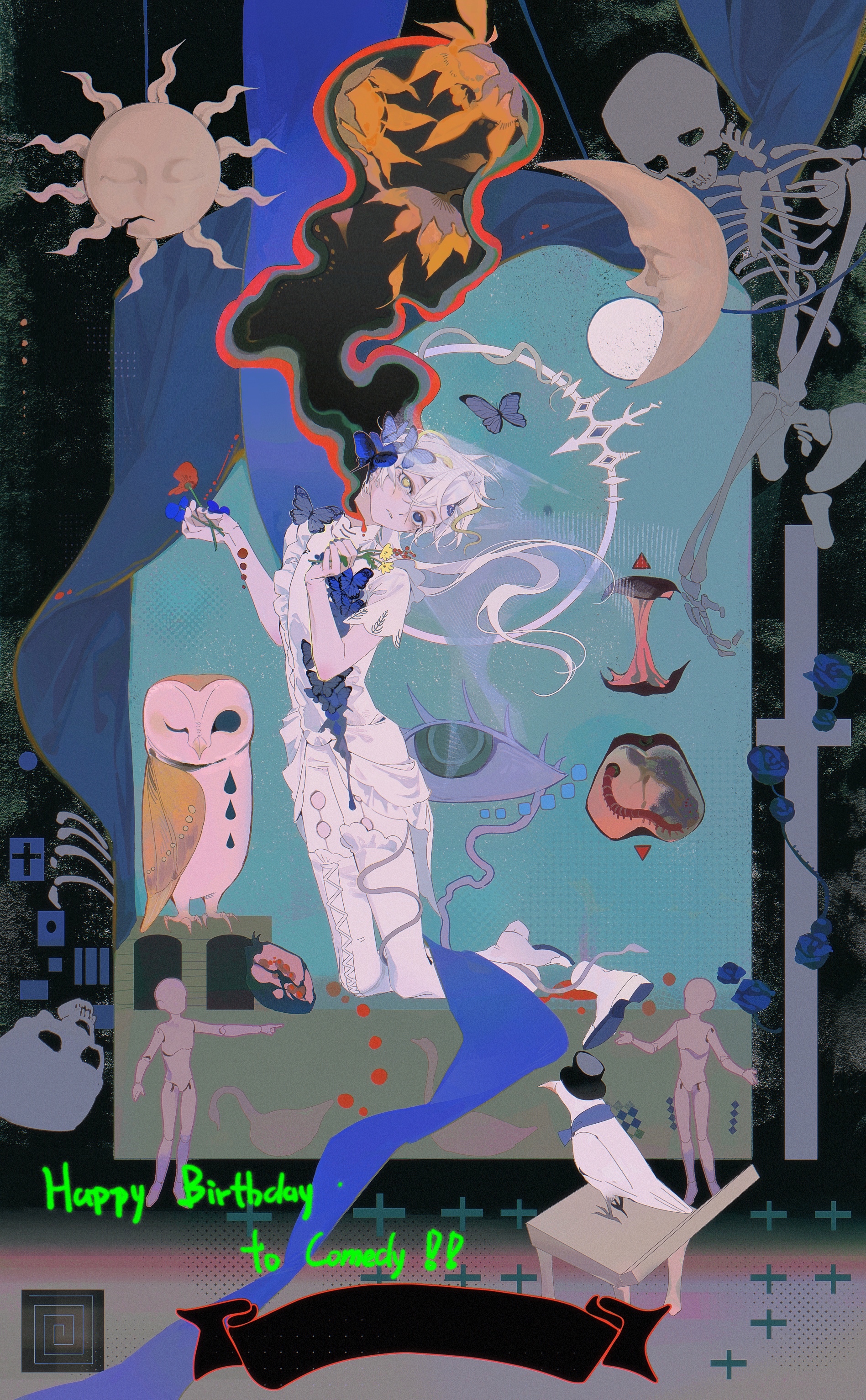 hai yexing ren, original, absurdres, highres, 1girl, animal, apple, bird, blue butterfly, blue eyes, blue flower, boots, bug, butterfly, butterfly hair ornament, crescent, crossed bangs, curtains, doll, doll joints, flower, food, fruit, full body, full moon, hair between eyes, hair ornament, happy birthday, hat, heterochromia, holding, holding flower, insect, joints, kneeling, long hair, moon, orange flower, owl, parted lips, pomegranate, rotting, short sleeves, sidelocks, skeleton, solo, sun symbol, top hat, white bird, white boots, white hair, yellow eyes, yellow flower